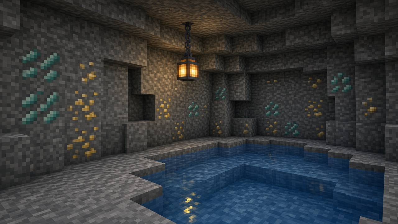 A stone cave with a lantern and a still pool