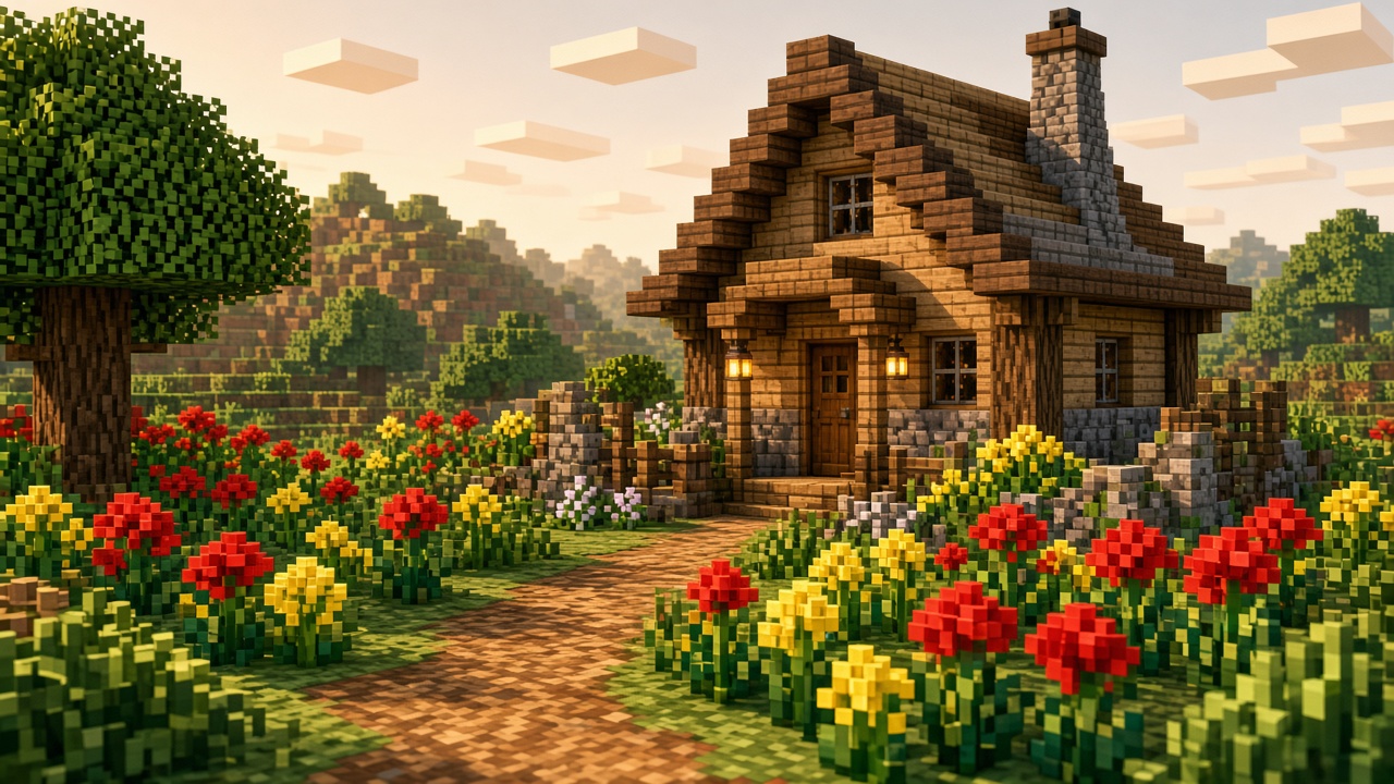 A cottage and garden built from wood, stone, and flowers