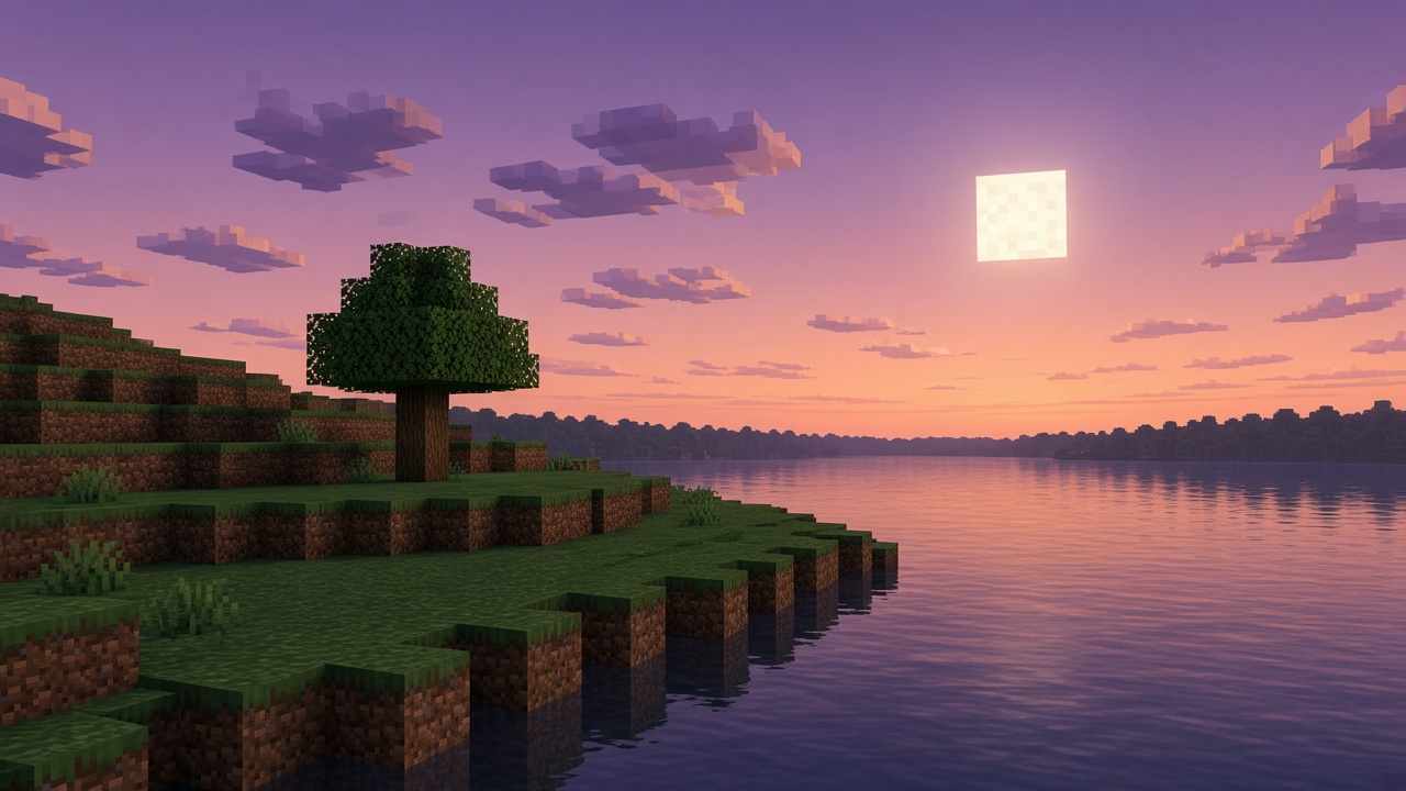Grass blocks meeting calm water at dusk
