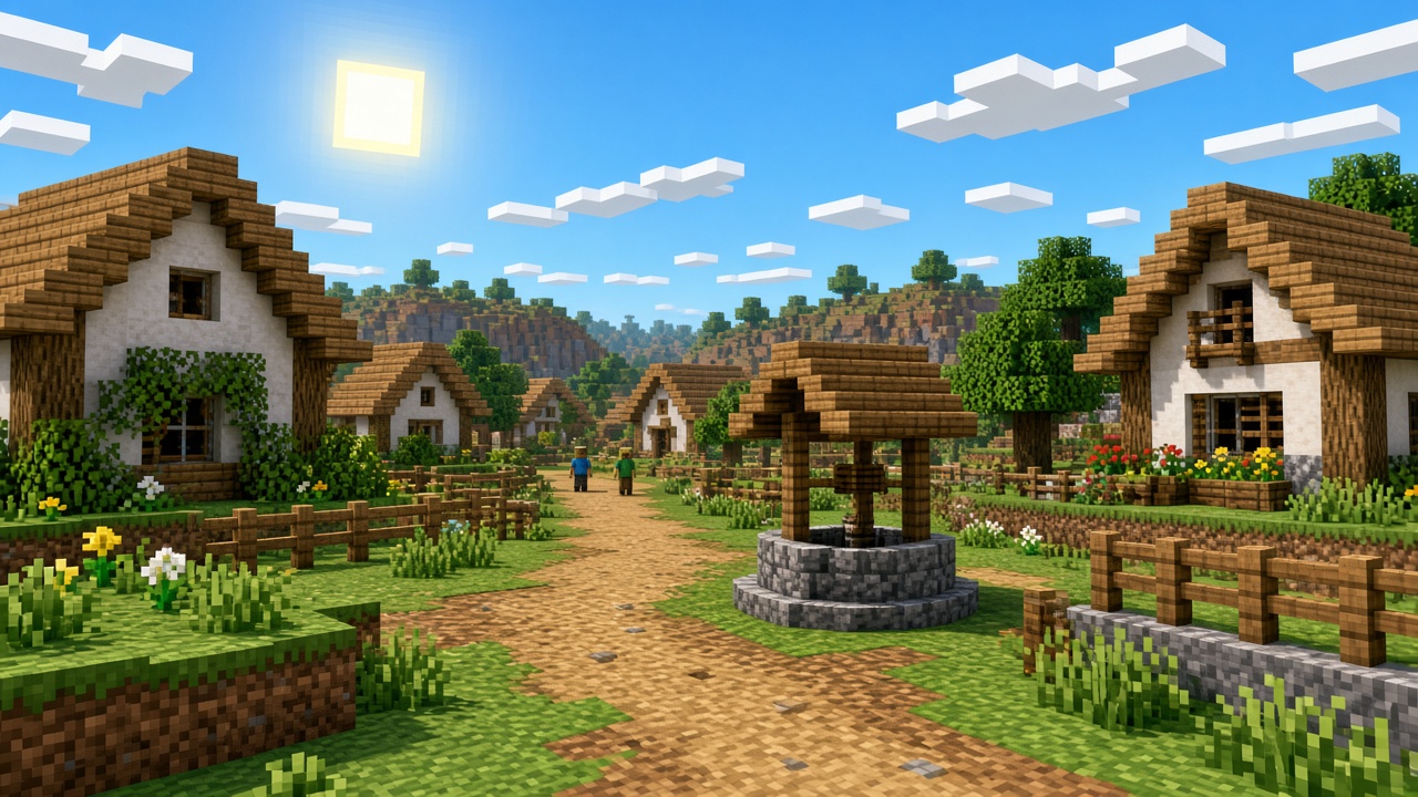 Two figures on a path through a block village