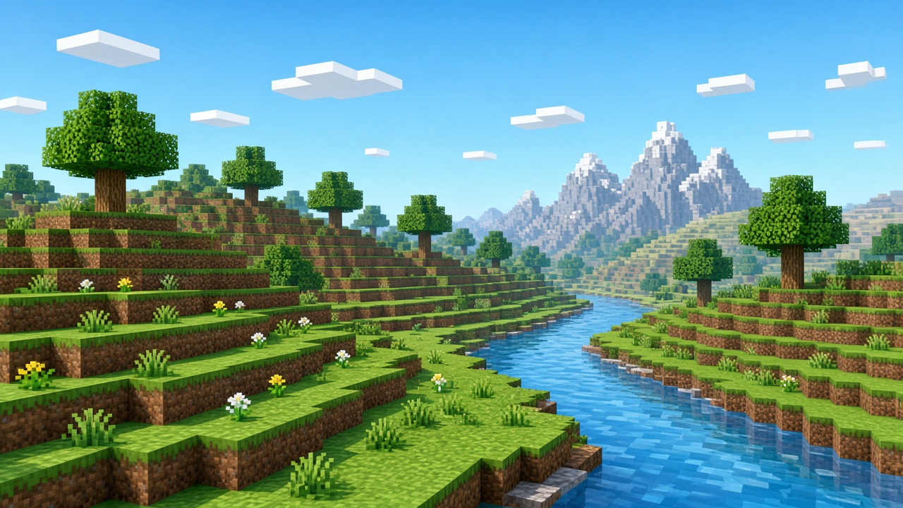A wide view of grass hills, trees, and a river